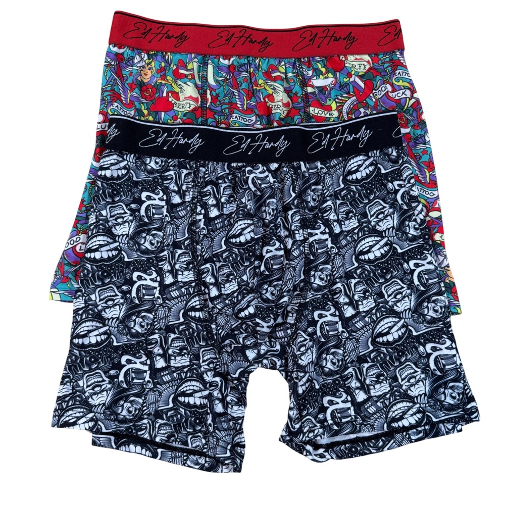 Ed Hardy 2 Pack‎ Boxer Briefs Tattoo Print Multi Color Black White Men's Size M